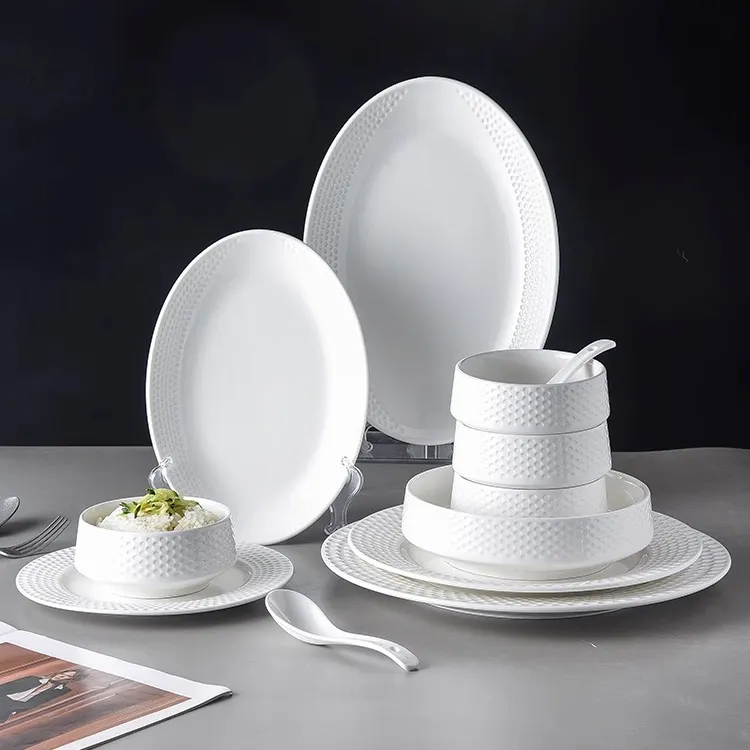 Utensílios de cozinha para eventos de casamento, pratos de porcelana brancos, pratos de porcelana para jantar, conjunto de louça em relevo para hotel