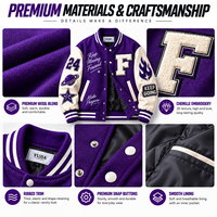Blouson universitaire personnalisé pour homme, écologique, séchage rapide, violet, avec broderie chenille color block, mélange de laine et manches en cuir PU, OEM