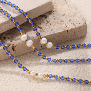 <b>Beaded</b> Necklace <b>Set</b> With Blue Crystals And Pearls For Women Fashion Jewelry Gift Unisex Stainless Steel Chain 2025 New Arrival - Product Image 3