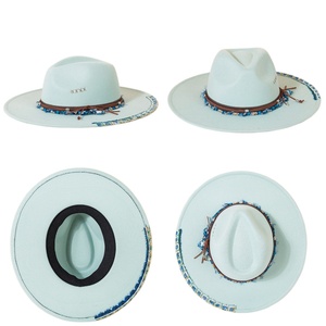 Custom Embroidered Western Felt Panama <b>Cap</b> Band Leather Cord Wide Brim Fedora <b>Hat</b> for Men Women Summer Beach Festival - Product Image 2