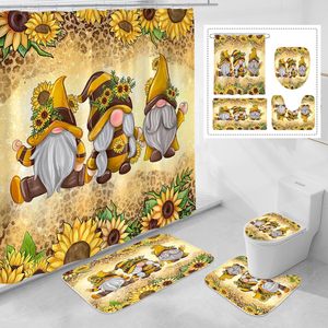 Ensemble de salle de bain Litabel 1 pièce style ferme campagnarde, antidérapant, motif tournesol et gnomes, comprenant rideau de douche, couvre-siège de toilette, tapis de bain et tapis de douche - Product Image 1