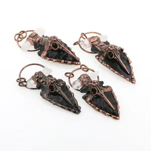 Arrow Head With Copper Bird Skull Black Obsidian Vintage Stone Pendant BOHO Healing Crystal Pendants For Necklace Making