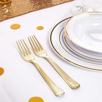 Assiettes jetables écologiques en plastique de 7,5 et 10,25 pouces, style européen, rondes, dorées, 100 pièces pour événements de mariage