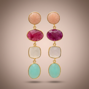Colorful Stone <b>Stud</b> <b>Earrings</b> 14k & 24k Gold Plated Brass Jewelry with Multistone Gemstones Ethnic Unisex Anniversary - Product Image 3