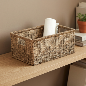 Rectangular <b>Plant</b> Fiber Storage <b>Basket</b> With Handles Rustic Style Multi Purpose Neatening Organizer - Product Image 4