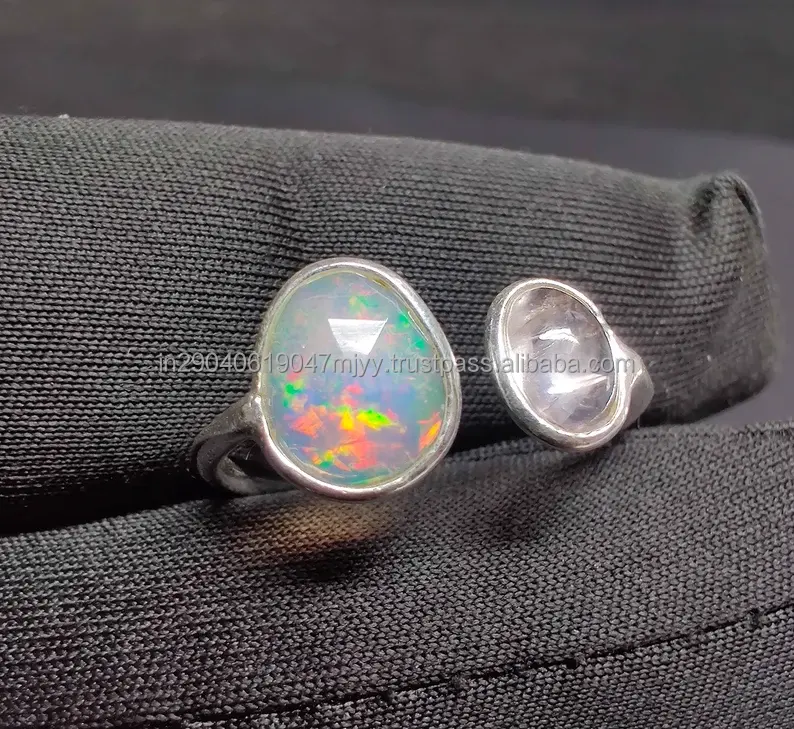 Opale naturale argento bianco opale etiope taglio rosa con anello Morganite 2 anello in pietra regalo in argento Sterling 925 per lei