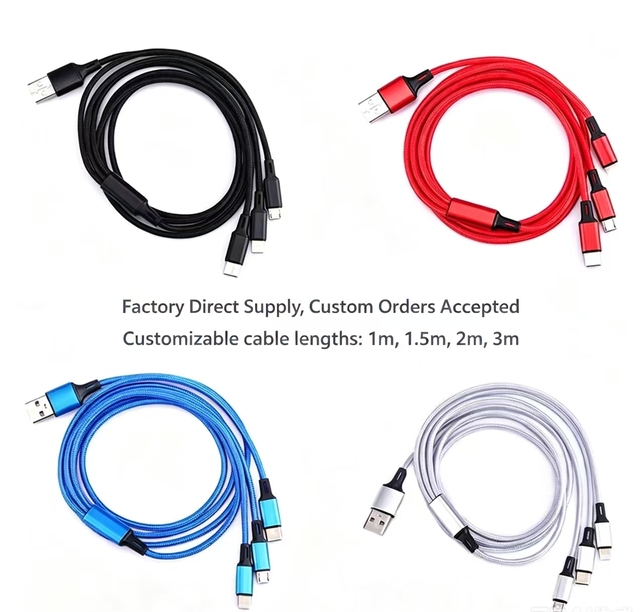 Wholesale Compact 1.2m Nylon Braided 3 in 1 Multiple Charger Usb Type c Cable Fast Charging Cables for Mobile Phones