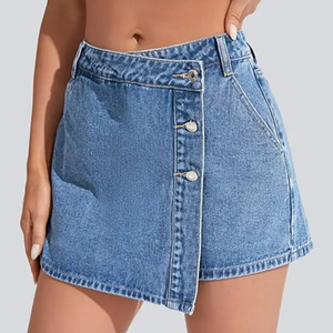 Nouvelle Collection 2025 – Mini-<span class=keywords><strong>jupe</strong></span> asymétrique boutonnée <span class=keywords><strong>en</strong></span> <span class=keywords><strong>jean</strong></span> <span class=keywords><strong>taille</strong></span> <span class=keywords><strong>haute</strong></span> pour <span class=keywords><strong>femme</strong></span>, style décontracté et vintage, respirante, idéale pour l'été - Product Image 4