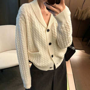 Nuevo Cárdigan de Punto con Solapa para <span class=keywords><strong>Mujer</strong></span>, Cierre de un Solo Botón, Diseño Trenzado de Alta Gama, Informal y Versátil - Product Image 5