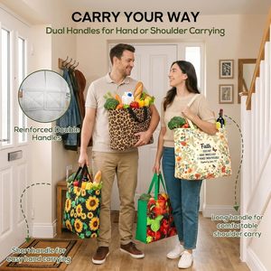 <b>Extra</b> <b>Large</b> Reusable Canvas Grocery Bag Heavy Duty Foldable 6 Pockets Multi Compartment Tote For Shopping - Product Image 6