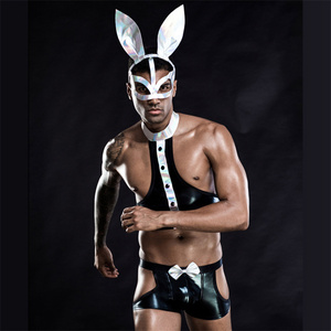 Costume de lapin pour <span class=keywords><strong>homme</strong></span> adulte <span class=keywords><strong>sexy</strong></span> pour fête, vente en gros d'usine, masque, haut, short, queue, quatre pièces - Product Image 4