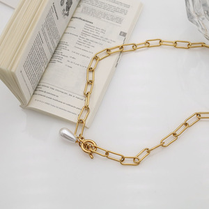 Geometric Pearl Pendant Necklace Gold Chain <b>T</b> <b>Bar</b> Clasp For Women Party Jewelry - Product Image 4