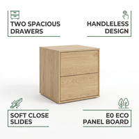 Table de chevet moderne en bois de chêne clair, personnalisable OEM, avec 2 tiroirs sans poignée pour chambre à coucher et hôtel