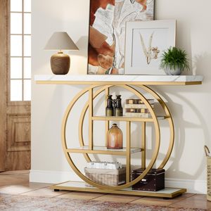 Mesa Consola Moderna SENYU Dorada con Tapa de Mármol y Estante Circular de Almacenamiento para Entrada o Sala de Estar - Product Image 1