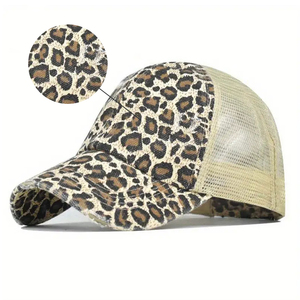 Phong Cách Khác Nhau Leopard In Rửa Sạch 6 Bảng Điều Chỉnh Lưới Thoáng Khí Crisscross Ponytail Hat Có Thể Điều Chỉnh Thời Trang Mũ Bóng Chày Cho Phụ Nữ - Product Image 1