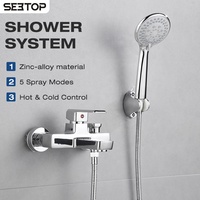 Système de douche mural chromé poli avec mitigeur monocommande, cartouche céramique, jet pluie et douchette à massage doux
