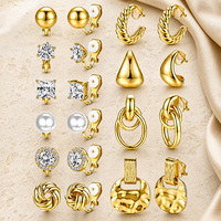 10 Pasang Set Anting Clip-On Multi Gaya untuk Wanita Mutiara Kristal Hoop Warna Emas Perak Tanpa Tindik Perhiasan Fashion Statement