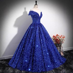 Off Shoulder <b>Sequined</b> Evening Gown Blue Ball Gown Taffeta Fabric Women's Formal Dress - Product Image 4
