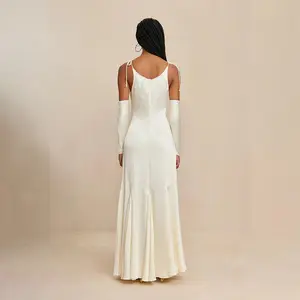 Elegant Fashion Shoulder Tie Slit Sleeveless Strapless Maxi Dress Pure White And Floor Women's Dresses Evening Gowns