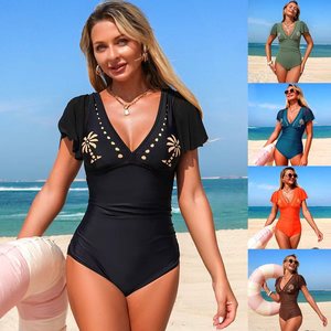 Maillot de bain une pièce pour femme, motif palmier, manches à volants, col en V, froncé, effet ventre plat, pour la plage estivale - Product Image 5