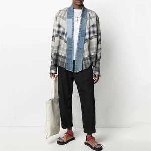 <span class=keywords><strong>Chemise</strong></span> kimono décontractée pour hommes personnalisée OEM <span class=keywords><strong>Chemise</strong></span> manches longues revers châle Patchwork à carreaux en flanelle de coton respirante pour le printemps - Product Image 1