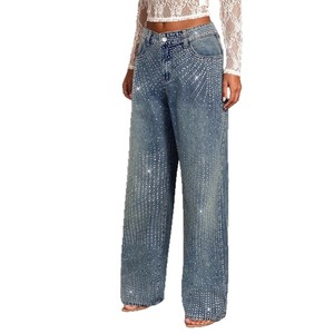 Vaqueros de pierna ancha estilo europeo y americano con estampado en caliente para mujer, pantalones holgados de pierna recta hasta el suelo - Product Image 3
