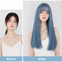 Peluca Azul con Flequillo, Peluca de Cabello Sintético para Mujer, Peluca Larga y Lisa de 24 Pulgadas con Reflejos de Color para Cosplay, Pelucas Anime Lolita