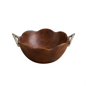 Walnut Finished <b>Mango</b> <b>Wood</b> Serving <b>Bowl</b> Scalloped Salad <b>Bowl</b> with Geometric Angular Metallic Side Handles - Product Image 1