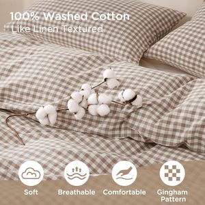 Parure de lit de luxe en coton lavé aspect lin, motif Gingham, douce et respirante, avec taies <span class=keywords><strong>d</strong></span>'<span class=keywords><strong>oreiller</strong></span>, taille Queen, couleur Tan, pour chambre à coucher - Product Image 5