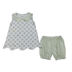 Conjunto de 2 Piezas para Niñas Pequeñas, Camisa con Borde Festoneado y Pantalones Bombachos, Estampado Floral Veraniego, Transpirable, 95% Algodón, Estilo Casual - Product Image 1