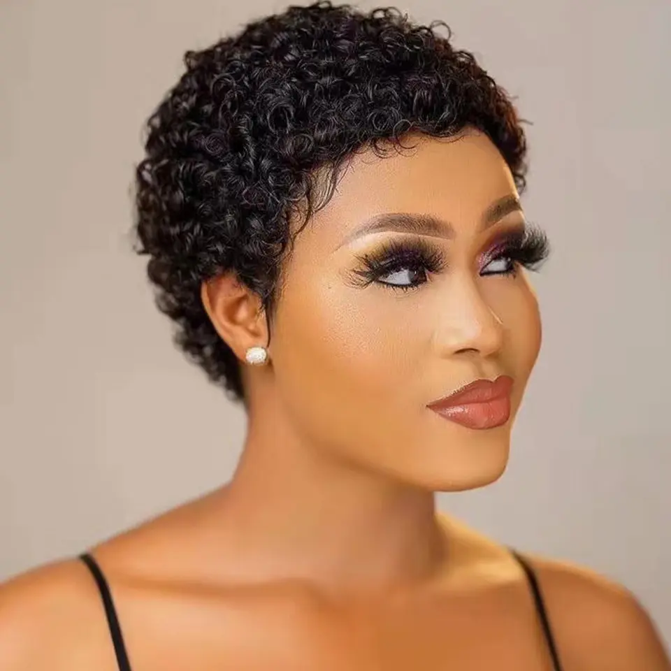 Afro Kinky Curly Wigs Short Cut Perruque 100% cheveux humains bouclés brésiliens pour les femmes noires Full Machine Wigs Short Pixie Cut