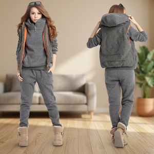 Ensemble de sweat-shirts en molleton à capuche pour femmes, couleur unie gris, décontracté, à porter en automne/printemps, avec fermeture éclair et logo imprimé sur le devant, 100% coton - Product Image 4