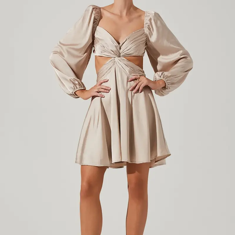 HL Factory OEM Long Sleeve Designer A-line Ruffle Dress Women Custom Backless Dress Wholesale Summer Mini Party Silk Dress
