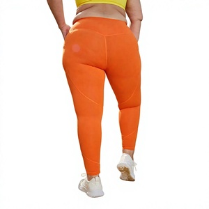 High Waist Orange Ribbed <b>Yoga</b> <b>Leggings</b> Full Length Plus Size Seamless Spandex Nylon Pants - Product Image 2