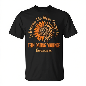 T-shirt promozionale con girasole arancione per la consapevolezza sulle violenze nei rapporti di fidanzamento tra adolescenti - Categoria Febbraio - Product Image 2