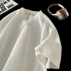 Camiseta de Verano para Hombre, Estilo Vintage, Transpirable, de Manga Corta, con Cuello Redondo, Texturizada, con Cuentas y Diseño Sólido - Product Image 1