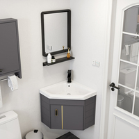 Meuble de salle de bain d'angle mural moderne gris triangulaire avec plateau en pierre d'aluminium et poignée dorée pour petite salle de bain