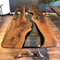 Table de salle à manger en bois massif et résine époxy, design antique de grande qualité, style rivière, exquise