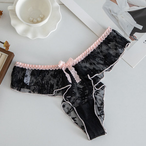 Tanga de encaje floral con volantes para mujer, con lazo en contraste, malla transparente, cintura baja, sexy, lencería íntima para mujer, OEM - Product Image 5