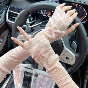 Mangas de seda helada para mujer con lazo de perlas, protección UV para ciclismo y conducción, tono piel rosa, blanco, morado, gris, negro - Product Image 1