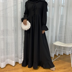 6389# New Coming High Quality Nida Dress Pleated Big Hem Style Cute Buttons Long Sleeve Maxi Dress <b>Islamic</b> Muslim Dresses - Product Image 3