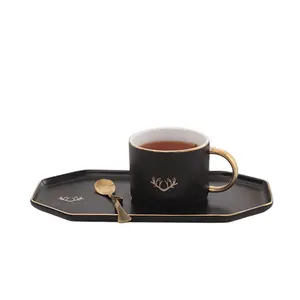 Tasse à café en céramique à bordure dorée 2021, glaçure italienne mate, wapiti avec soucoupe longue