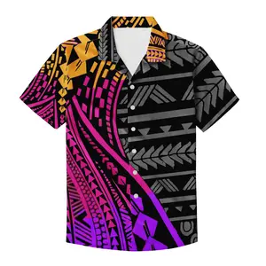 Reggae En Zwart Gedrukt Polynesische Tribal Design Mannen Cubaanse Stand-Up Kraag Shirt Custom Oversized Korte Mouwen Designer shirt