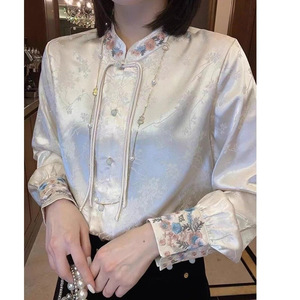 White Embroidered Long Sleeve Women's Top Chinese Knot Button Zen Style Tang Suit Modified Hanfu Blouse Soft Fabric Spring - Product Image 1