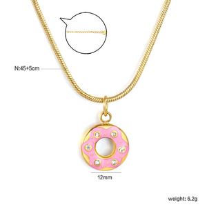 Collar de Acero Inoxidable con Colgante de Donut Esmaltado Chapado en Oro de 18K, Adornado con Circonitas, Diseño de Comida Dulce Rosa, Cadena de Serpiente - Product Image 2