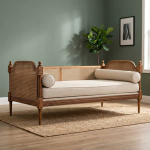 Sofá Cama Tradicional de Madera de Teca Ornamentada con Guilloché, Sillón con Patas Cónicas Acanaladas - Product Image 3