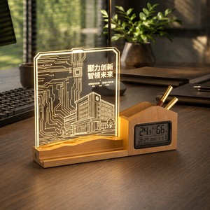 Luz Nocturna Acrílica con Logotipo Personalizado, Portaplumas, Termómetro, Reloj, Base de Madera de Nogal, Recargable, <span class=keywords><strong>Regalo</strong></span> Empresarial Conmemorativo - Product Image 4
