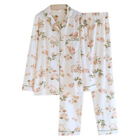 Piyama Katun Rajutan Motif Bunga Manis Wanita Musim Semi Gugur Set Lengan Panjang Celana Panjang Pinggang Elastis untuk Pelajar Muda