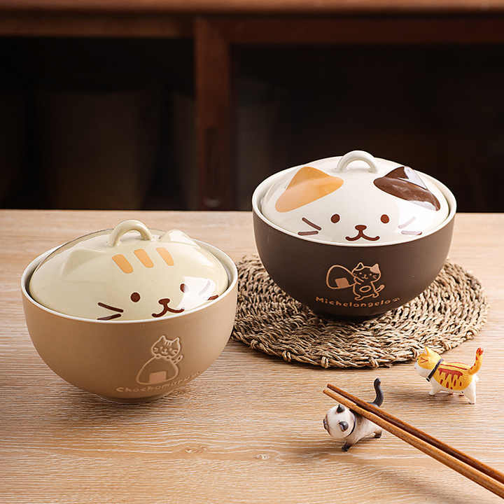 Cute Japanese Cat Ramen Bowl With Lid Ceramic Noodle Soup Bowls Kitchen Tableware Serving Dishes Funny Kitten Fruit Food Bowl