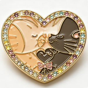 Épingle en métal plaqué or en forme de cœur avec chats en émail et strass, thème amour pour la Saint-Valentin - Product Image 4